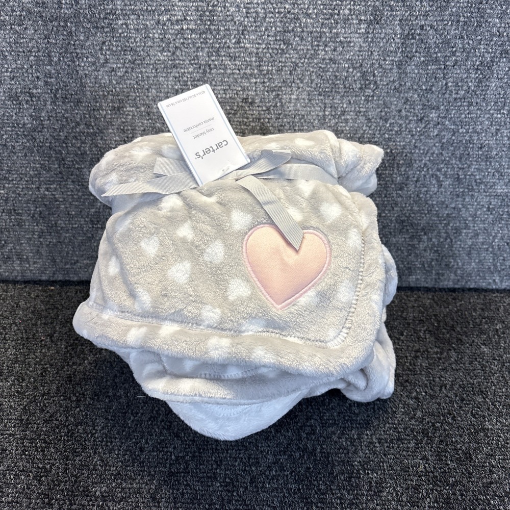 Carters~White/Gray Heart Double-Sided Baby Blanket~Pink Heart~40"x30"~NIP